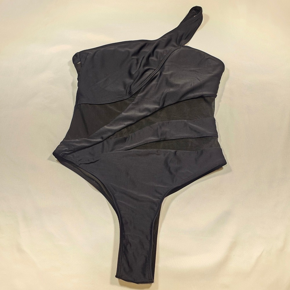 Black Womens M One Shoulder Mesh Panel Asymmetrical Swimsuit Thong Bottom